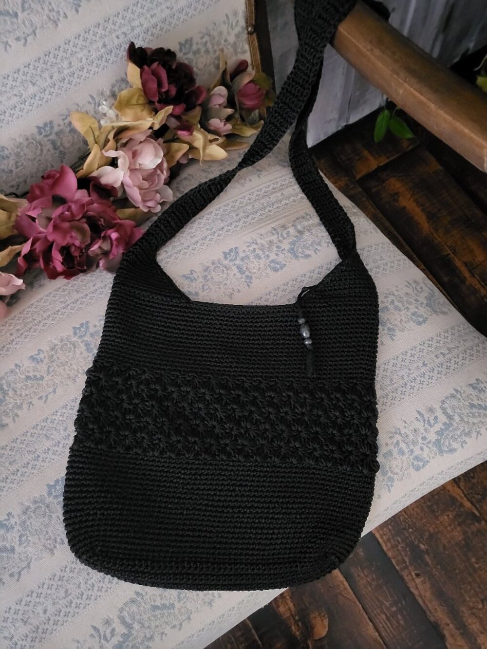 Vintage Black Knit Crochet Crossbody Shoulder Bag Star Stitch  90$ Jessica